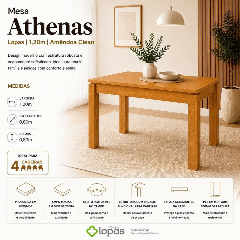 Mesa de Jantar Athenas 120x80 Amêndoa Lopas + 4 Cadeiras Gabi Linho Cinza A Bom Lar - Entregue Montada - Imagem 13