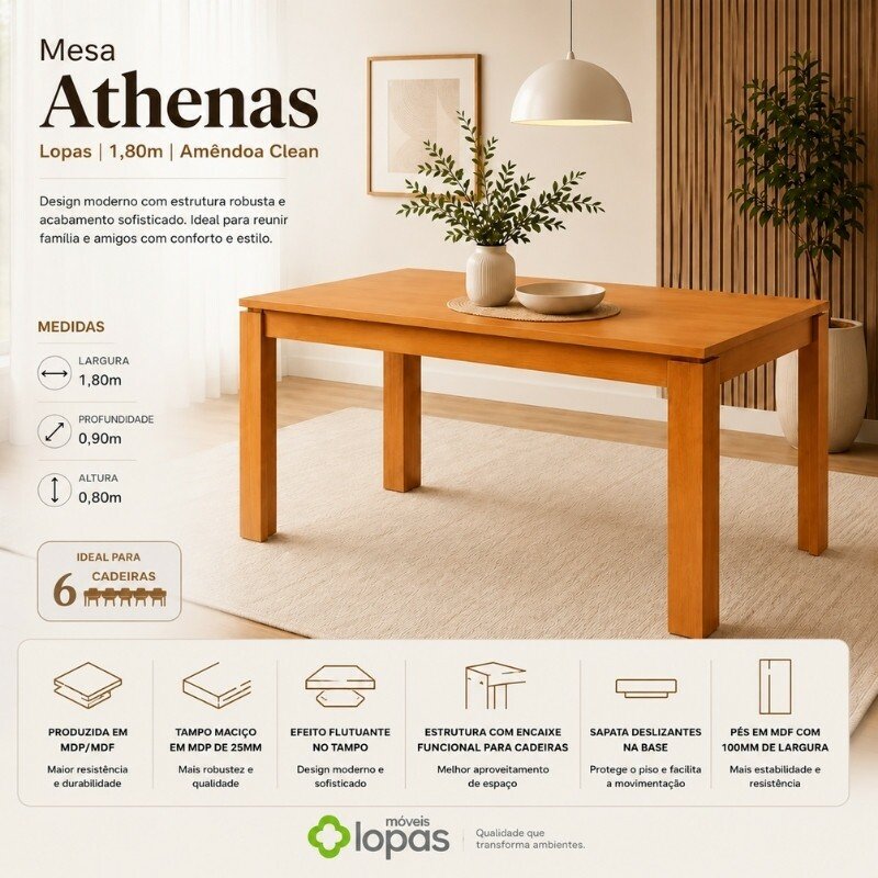Base Mesa de Jantar Athenas 180x90 Amêndoa Clean - Lopas - Imagem 4