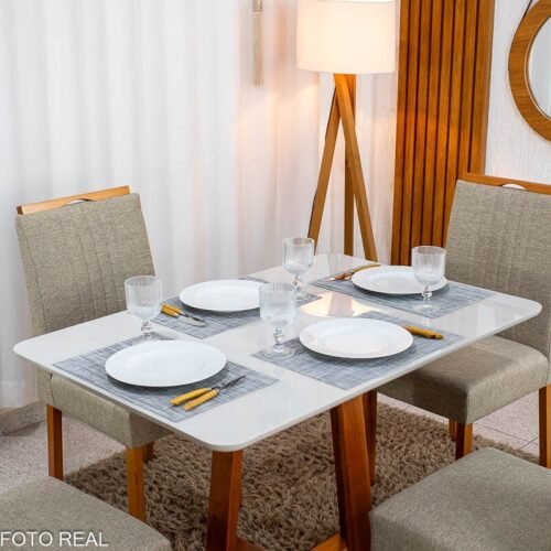 Alternative view of Mesa de Jantar Bali 120x80 Vidro Off Base Madeira + 4 Cadeiras Atlanta Linho Bege Cru Minas Plac - Entregue Montada
