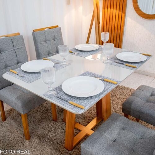 Alternative view of Mesa de Jantar Bali 120x80 Vidro Off Base Madeira + 4 Cadeiras Londres Linho Cinza Minas Plac - Entregue Montada