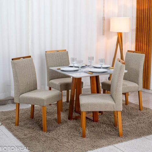 Mesa de Jantar Bali 90x90 Vidro Off Base Madeira + 4 Cadeiras Atlanta Linho Bege Cru Minas Plac - Entregue Montada
