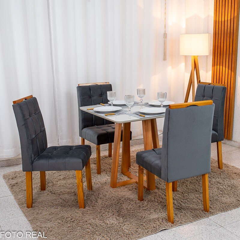 Mesa de Jantar Bali 90x90 Vidro Off Base Madeira + 4 Cadeiras Londres Veludo Chumbo Minas Plac - Entregue Montada