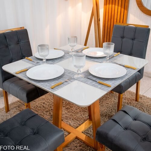 Alternative view of Mesa de Jantar Bali 90x90 Vidro Off Base Madeira + 4 Cadeiras Londres Veludo Chumbo Minas Plac - Entregue Montada