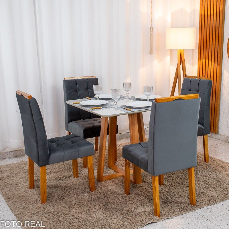 Mesa de Jantar Bali 90x90 Vidro Off Base Madeira + 4 Cadeiras Londres Veludo Chumbo Minas Plac - Entregue Montada - Imagem 3