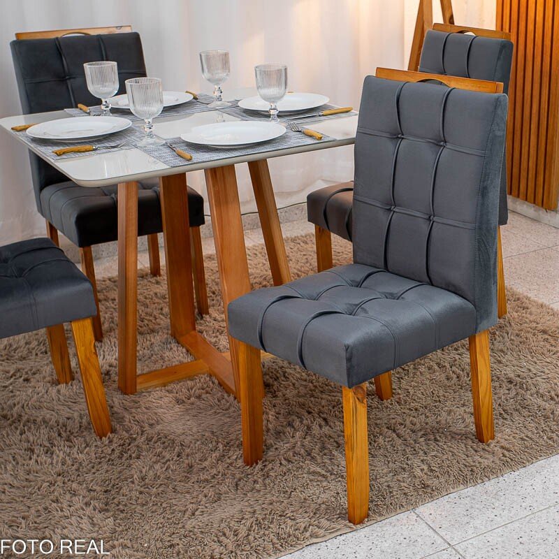 Mesa de Jantar Bali 90x90 Vidro Off Base Madeira + 4 Cadeiras Londres Veludo Chumbo Minas Plac - Entregue Montada - Imagem 4