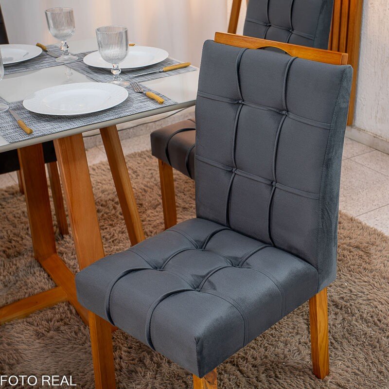 Mesa de Jantar Bali 90x90 Vidro Off Base Madeira + 4 Cadeiras Londres Veludo Chumbo Minas Plac - Entregue Montada - Imagem 5