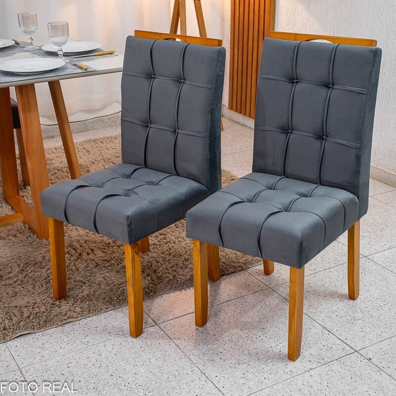 Mesa de Jantar Bali 90x90 Vidro Off Base Madeira + 4 Cadeiras Londres Veludo Chumbo Minas Plac - Entregue Montada - Imagem 6