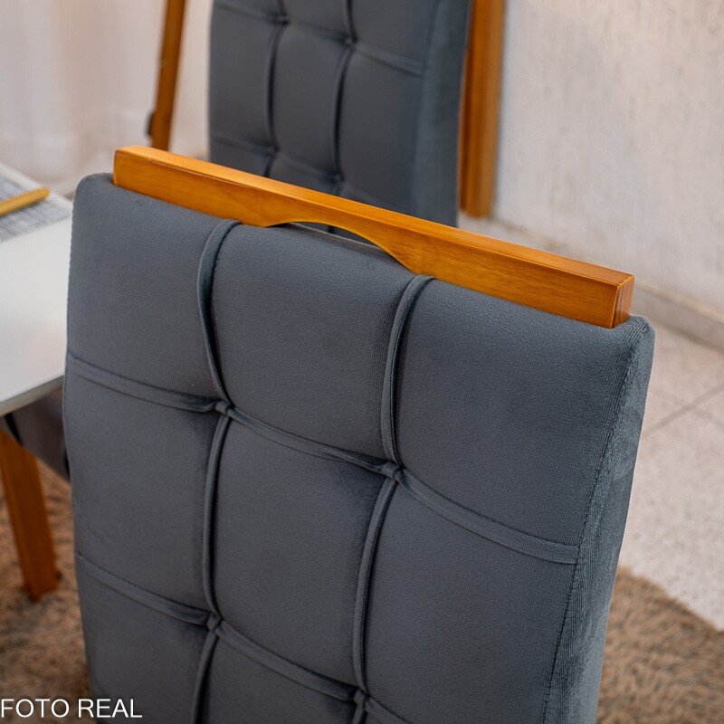 Mesa de Jantar Bali 90x90 Vidro Off Base Madeira + 4 Cadeiras Londres Veludo Chumbo Minas Plac - Entregue Montada - Imagem 8