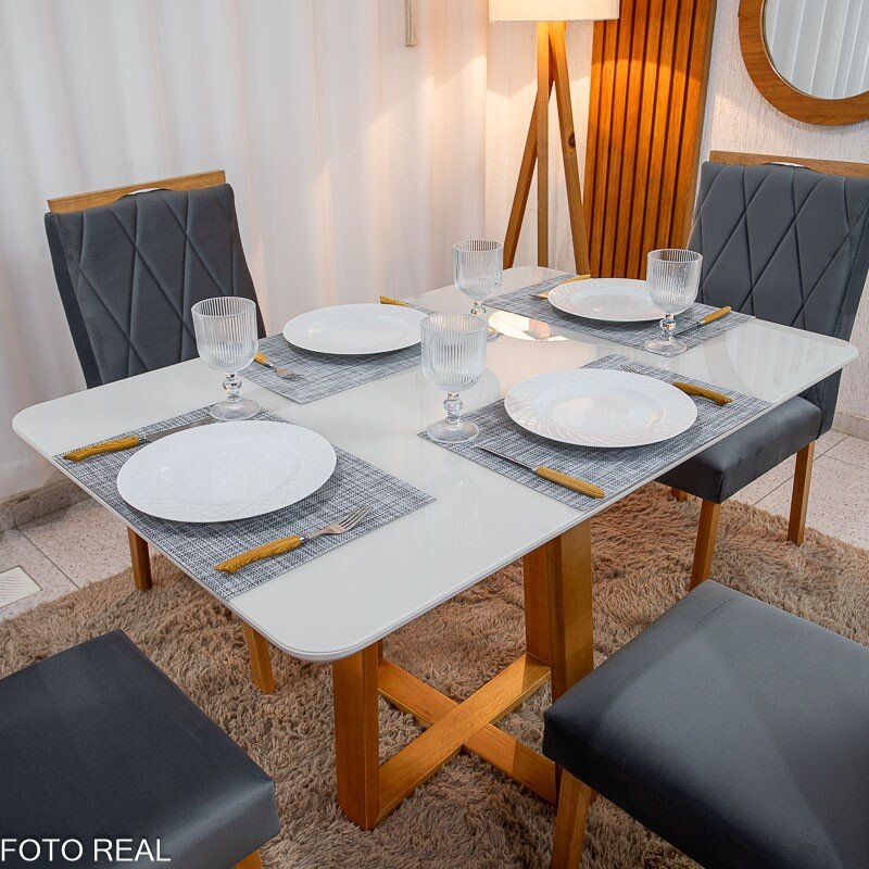 Mesa de Jantar Pedro 120x80 Vidro Off Base Madeira + 4 Cadeiras Lisboa Veludo Cinza 507 Art Assento - Entregue Montada - Imagem 2