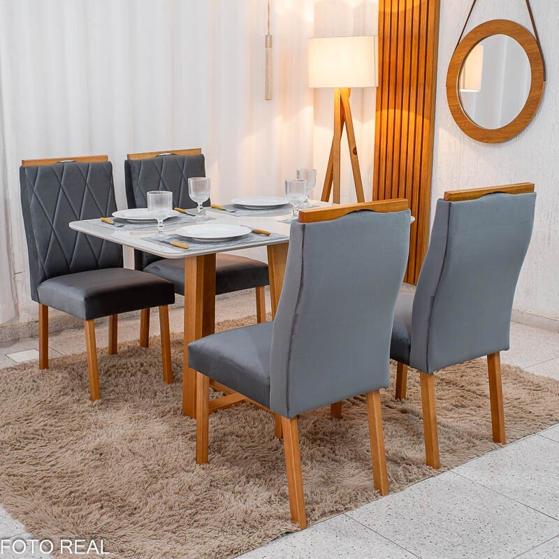 Mesa de Jantar Pedro 120x80 Vidro Off Base Madeira + 4 Cadeiras Lisboa Veludo Cinza 507 Art Assento - Entregue Montada - Imagem 3