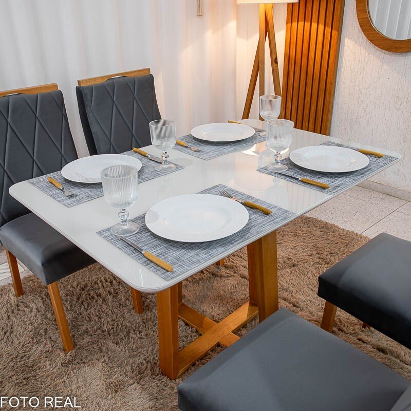 Mesa de Jantar Pedro 120x80 Vidro Off Base Madeira + 4 Cadeiras Lisboa Veludo Cinza 507 Art Assento - Entregue Montada - Imagem 4