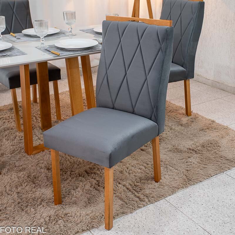 Mesa de Jantar Pedro 120x80 Vidro Off Base Madeira + 4 Cadeiras Lisboa Veludo Cinza 507 Art Assento - Entregue Montada - Imagem 5