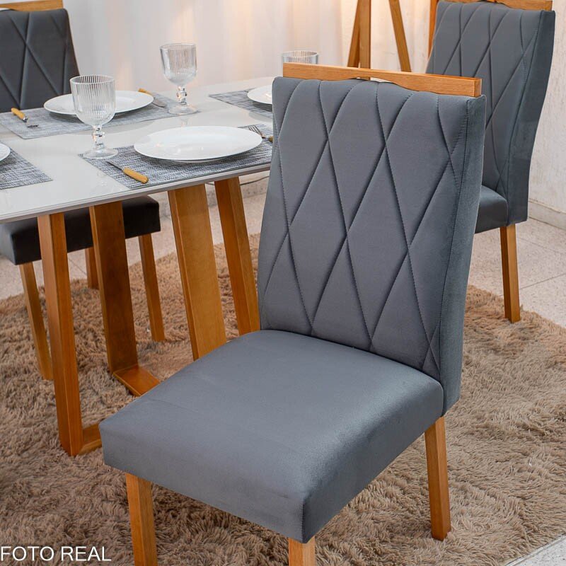 Mesa de Jantar Pedro 120x80 Vidro Off Base Madeira + 4 Cadeiras Lisboa Veludo Cinza 507 Art Assento - Entregue Montada - Imagem 6