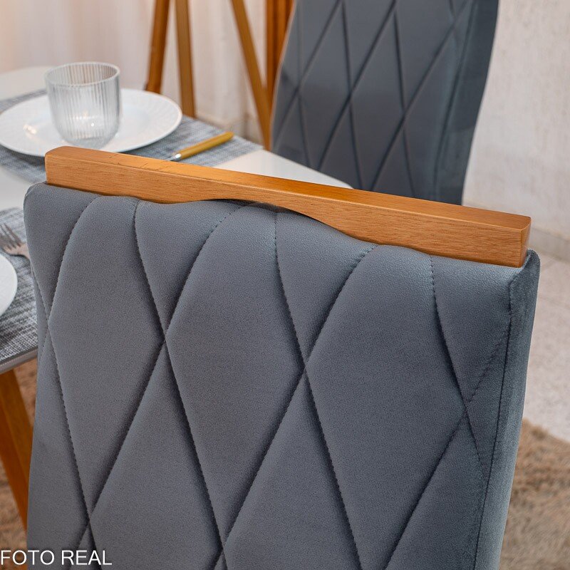 Mesa de Jantar Pedro 120x80 Vidro Off Base Madeira + 4 Cadeiras Lisboa Veludo Cinza 507 Art Assento - Entregue Montada - Imagem 7