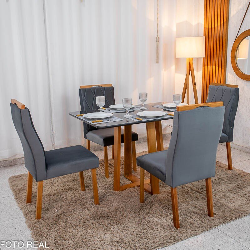 Mesa de Jantar Pedro 120x80 Vidro Grafite Base Madeira + 4 Cadeiras Lisboa Veludo Cinza 507 Art Assento - Entregue Montada - Imagem 3