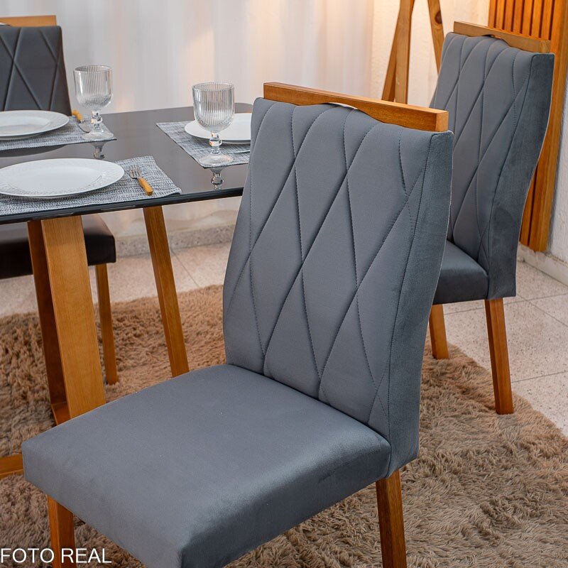 Mesa de Jantar Pedro 120x80 Vidro Grafite Base Madeira + 4 Cadeiras Lisboa Veludo Cinza 507 Art Assento - Entregue Montada - Imagem 7