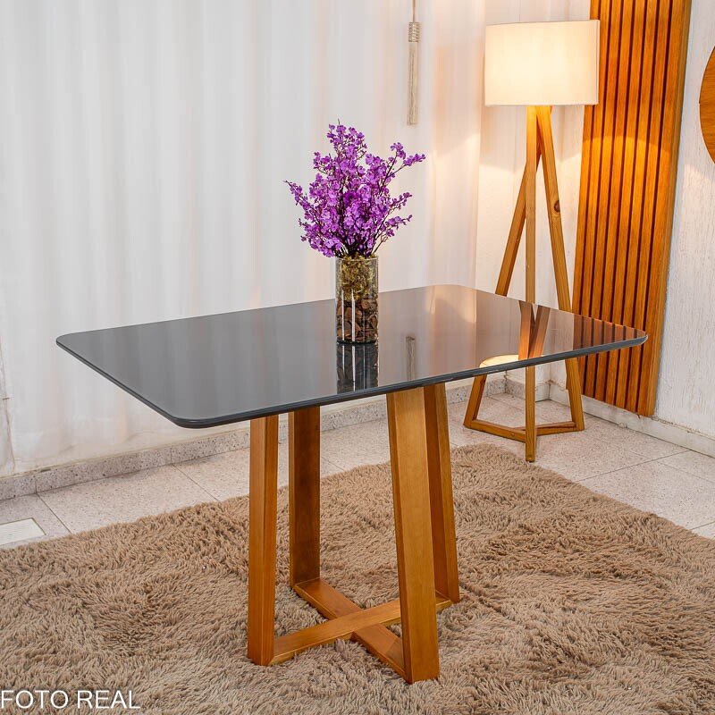 Mesa de Jantar Pedro 120x80 Vidro Grafite Base Madeira + 4 Cadeiras Lisboa Veludo Cinza 507 Art Assento - Entregue Montada - Imagem 9