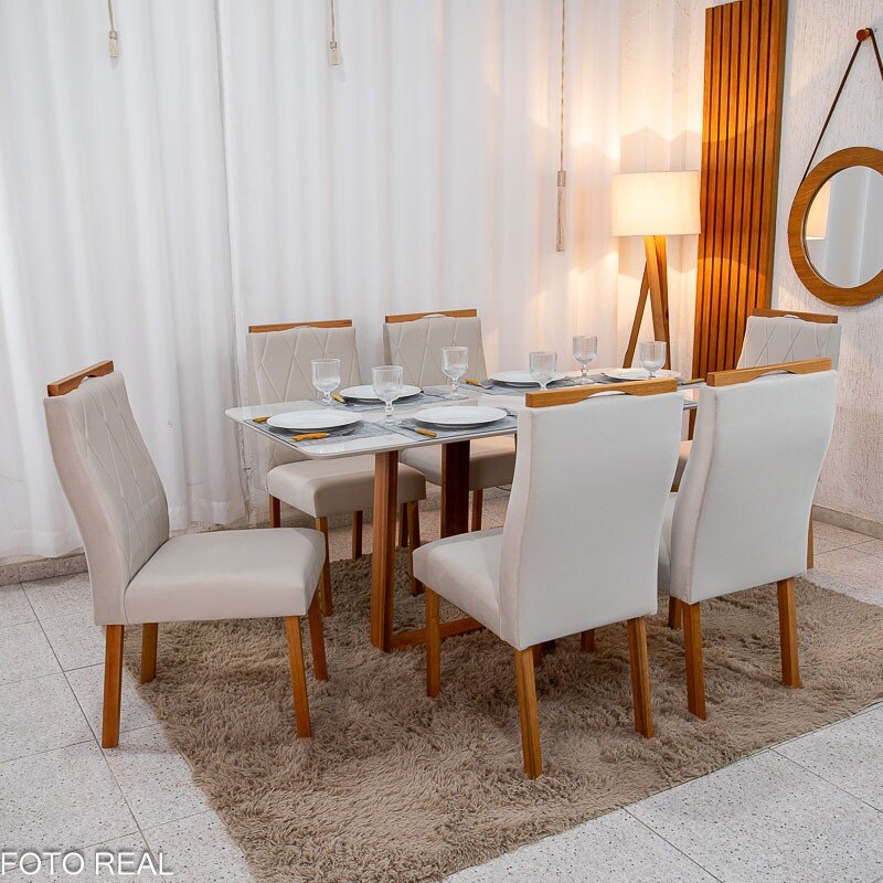 Mesa de Jantar Pedro 160x80 Vidro Off Base Madeira + 6 Cadeiras Lisboa Veludo Bege 512 Art Assento - Entregue Montada