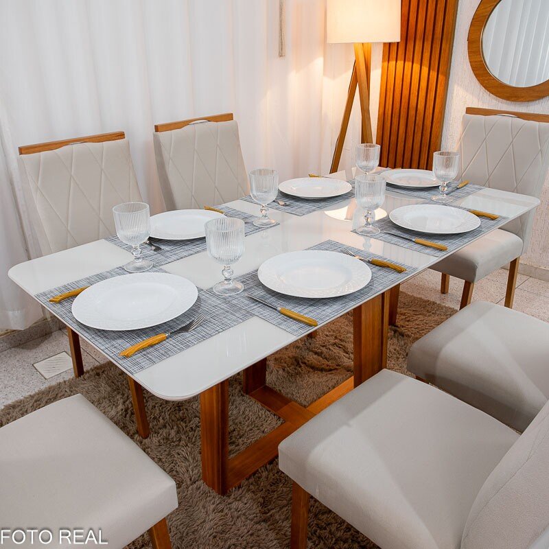 Mesa de Jantar Pedro 160x80 Vidro Off Base Madeira + 6 Cadeiras Lisboa Veludo Bege 512 Art Assento - Entregue Montada - Imagem 2