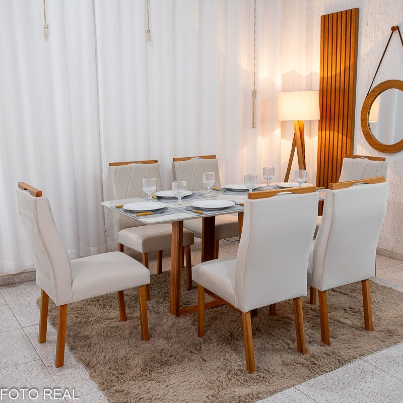 Mesa de Jantar Pedro 160x80 Vidro Off Base Madeira + 6 Cadeiras Lisboa Veludo Bege 512 Art Assento - Entregue Montada - Imagem 3