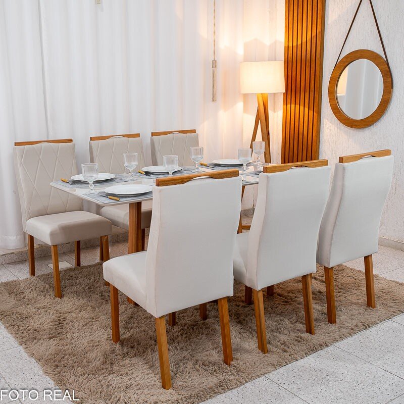Mesa de Jantar Pedro 160x80 Vidro Off Base Madeira + 6 Cadeiras Lisboa Veludo Bege 512 Art Assento - Entregue Montada - Imagem 4