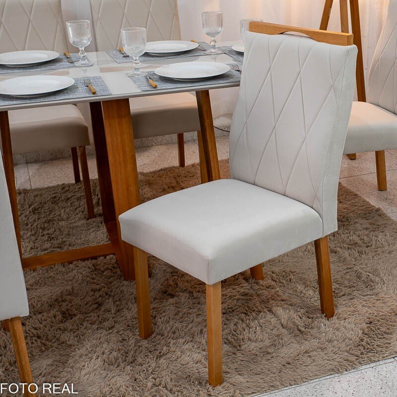 Mesa de Jantar Pedro 160x80 Vidro Off Base Madeira + 6 Cadeiras Lisboa Veludo Bege 512 Art Assento - Entregue Montada - Imagem 5