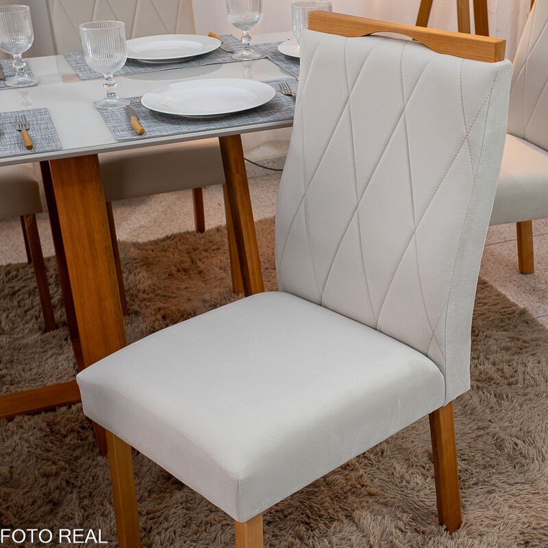 Mesa de Jantar Pedro 160x80 Vidro Off Base Madeira + 6 Cadeiras Lisboa Veludo Bege 512 Art Assento - Entregue Montada - Imagem 6