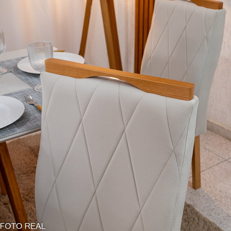 Mesa de Jantar Pedro 160x80 Vidro Off Base Madeira + 6 Cadeiras Lisboa Veludo Bege 512 Art Assento - Entregue Montada - Imagem 7