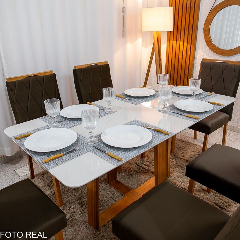 Mesa de Jantar Pedro 160x80 Vidro Off Base Madeira + 6 Cadeiras Lisboa Veludo Marrom 509 Art Assento - Entregue Montada - Imagem 2