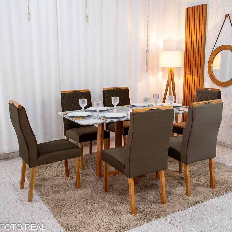 Mesa de Jantar Pedro 160x80 Vidro Off Base Madeira + 6 Cadeiras Lisboa Veludo Marrom 509 Art Assento - Entregue Montada - Imagem 3