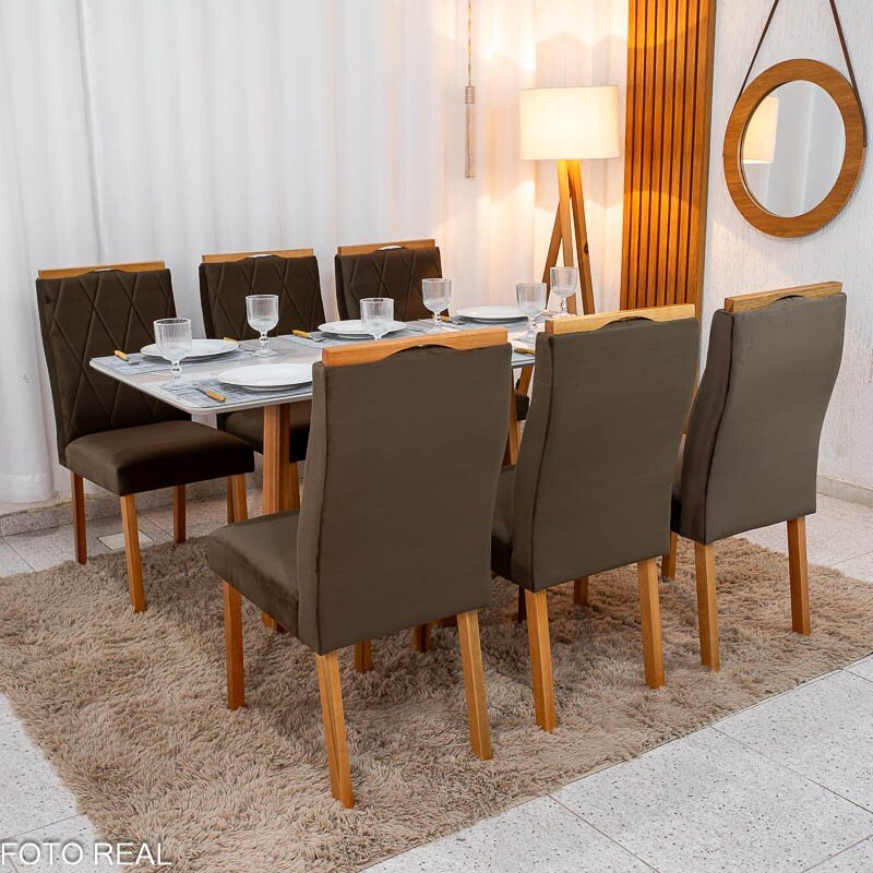 Mesa de Jantar Pedro 160x80 Vidro Off Base Madeira + 6 Cadeiras Lisboa Veludo Marrom 509 Art Assento - Entregue Montada - Imagem 4