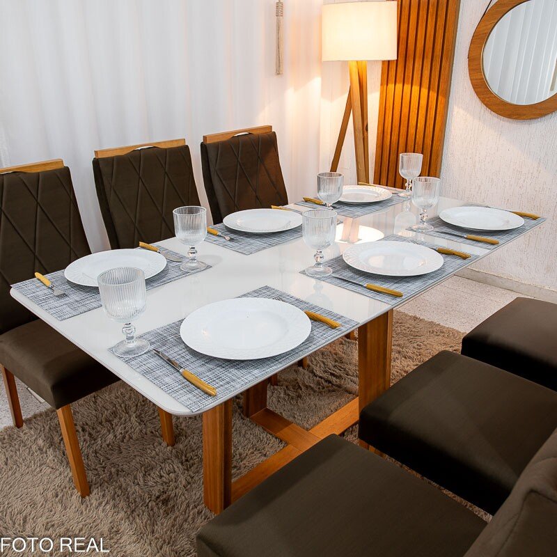 Mesa de Jantar Pedro 160x80 Vidro Off Base Madeira + 6 Cadeiras Lisboa Veludo Marrom 509 Art Assento - Entregue Montada - Imagem 5