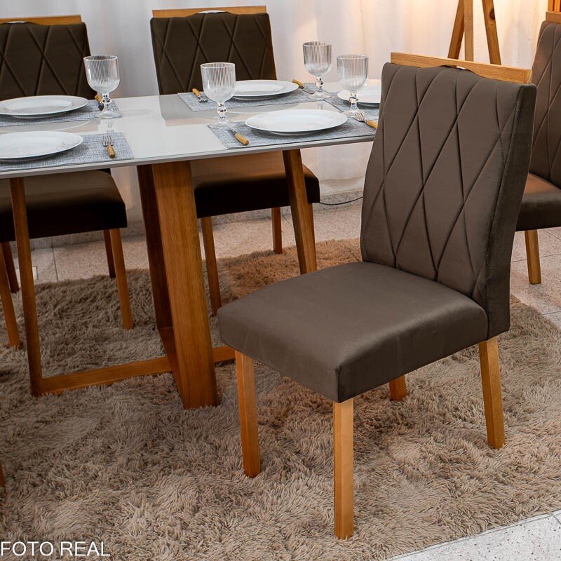 Mesa de Jantar Pedro 160x80 Vidro Off Base Madeira + 6 Cadeiras Lisboa Veludo Marrom 509 Art Assento - Entregue Montada - Imagem 6
