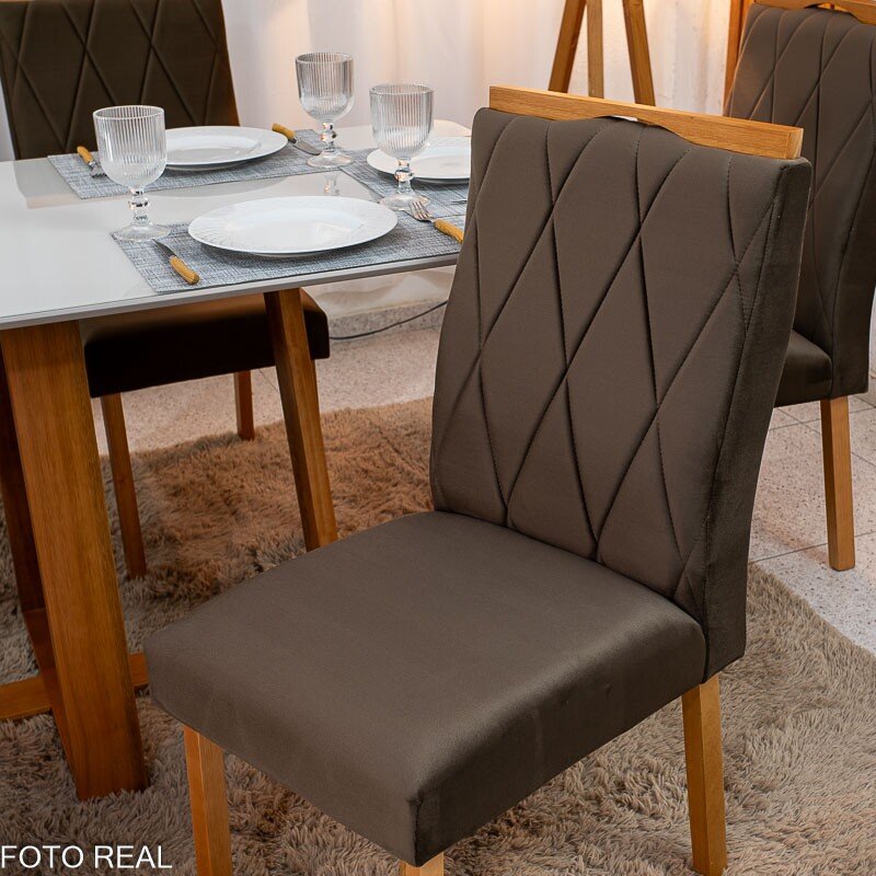 Mesa de Jantar Pedro 160x80 Vidro Off Base Madeira + 6 Cadeiras Lisboa Veludo Marrom 509 Art Assento - Entregue Montada - Imagem 7