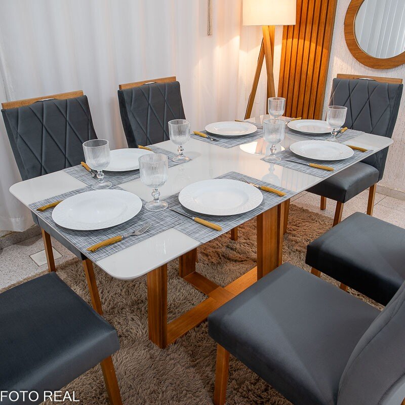 Mesa de Jantar Pedro 160x80 Vidro Off Base Madeira + 6 Cadeiras Lisboa Veludo Cinza 507 Art Assento - Entregue Montada - Imagem 2