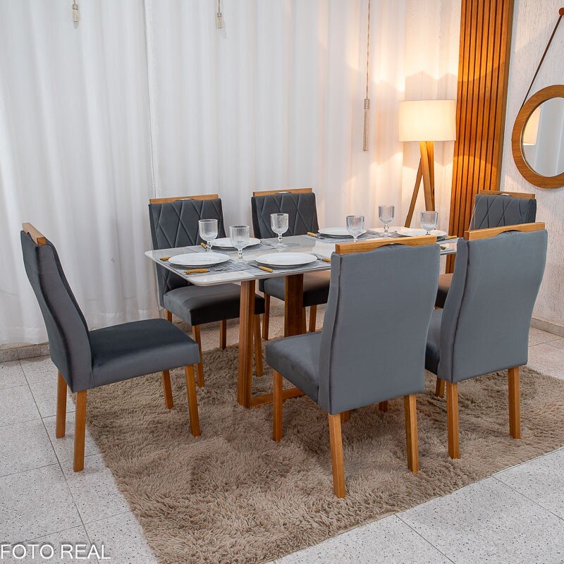 Mesa de Jantar Pedro 160x80 Vidro Off Base Madeira + 6 Cadeiras Lisboa Veludo Cinza 507 Art Assento - Entregue Montada - Imagem 3