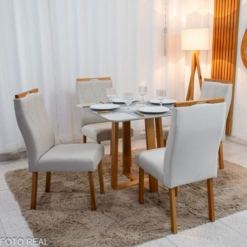 Mesa de Jantar Pedro 90x90 Vidro Off Base Madeira + 4 Cadeiras Lisboa Veludo Bege 512 Art Assento - Entregue Montada
