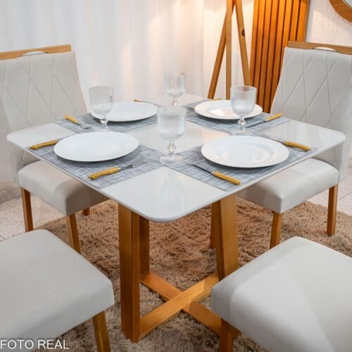 Alternative view of Mesa de Jantar Pedro 90x90 Vidro Off Base Madeira + 4 Cadeiras Lisboa Veludo Bege 512 Art Assento - Entregue Montada