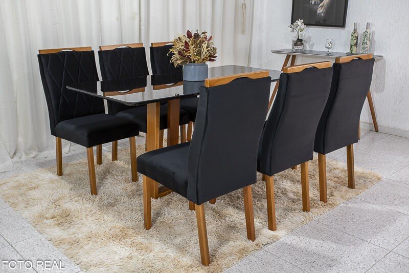 Mesa de Jantar Pedro 160x80 Mel Vidro Preto + 6 Cadeiras Lisboa Veludo Preto 504 Art Assento - Entregue Montada - Imagem 2