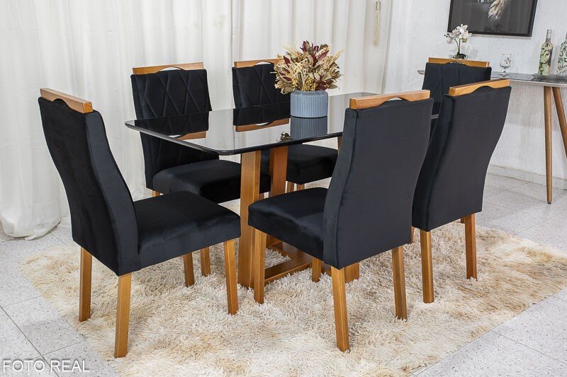 Mesa de Jantar Pedro 160x80 Mel Vidro Preto + 6 Cadeiras Lisboa Veludo Preto 504 Art Assento - Entregue Montada