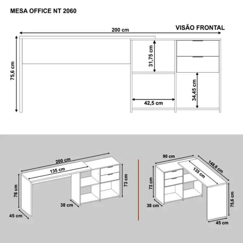 Mesa Office NT 2060 Branco Notável - 2 Opções de Montagem - Imagem 5