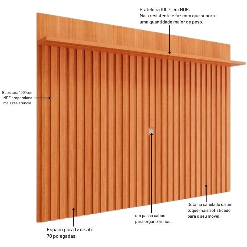 Painel 1,80m Speed Trend Cinamomo com Detalhe Ripado 100% MDF para TV até 70" - Permóbili - Imagem 2