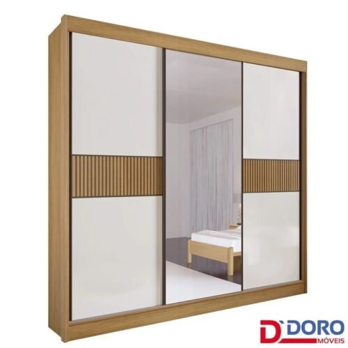 Guarda-roupa Casal 2,73m Los Angeles Cinamomo/Off Ripado 3 Portas 6 Gavetas 100% MDF com 1 Espelho Portas Flex - D Doro