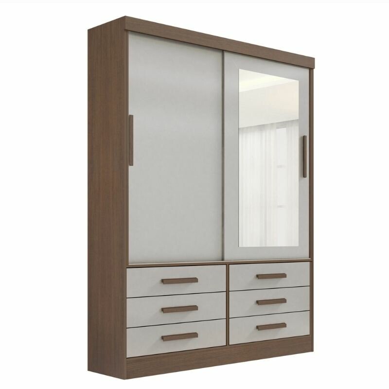 Guarda-roupa Solteiro 1,35m Meridian Castanho/Off 2 Portas 6 Gavetas 100% MDF - D Doro - Imagem 3