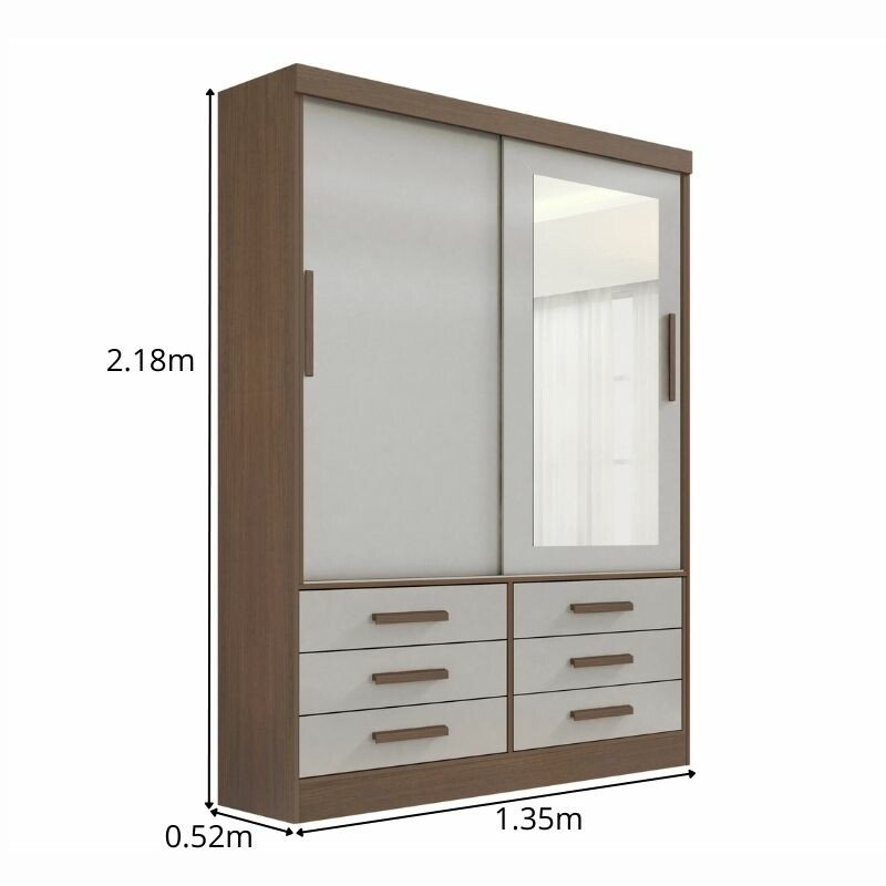 Guarda-roupa Solteiro 1,35m Meridian Castanho/Off 2 Portas 6 Gavetas 100% MDF - D Doro - Imagem 4
