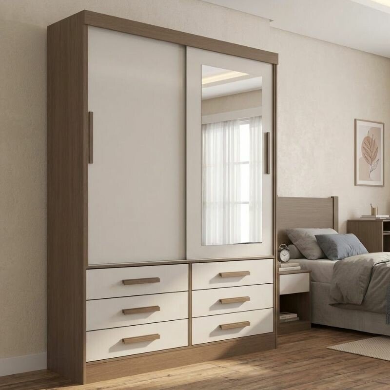 Guarda-roupa Solteiro 1,35m Meridian Castanho/Off 2 Portas 6 Gavetas 100% MDF - D Doro