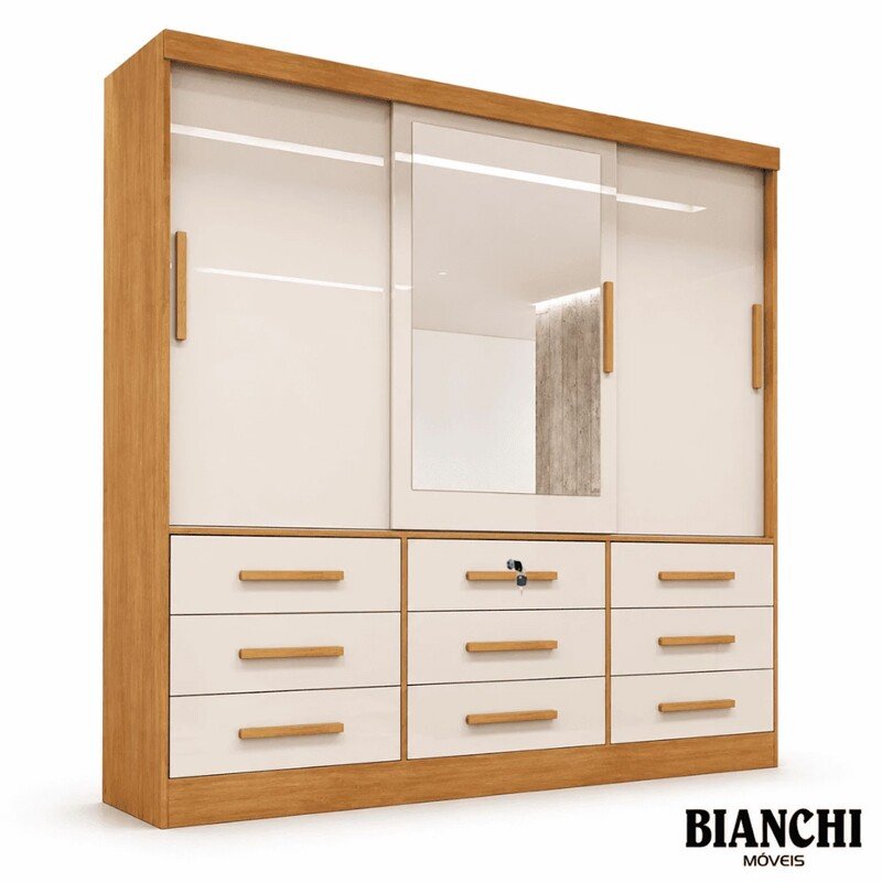 Guarda-roupa Casal 2,11m Turim Plus Nature/Off 3 Portas 9 Gavetas 100% MDF - Bianchi