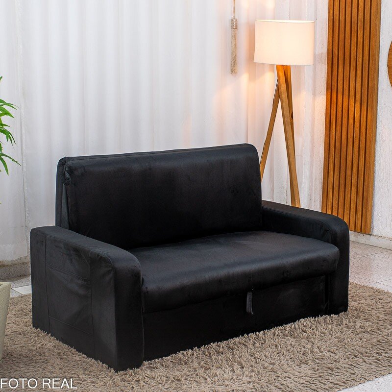Sofá Cama Daiane Veludinho Preto 379/451 com Baú - 1,40m - Imagem 2