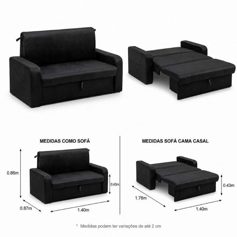 Sofá Cama Daiane Veludinho Preto 379/451 com Baú - 1,40m - Imagem 3