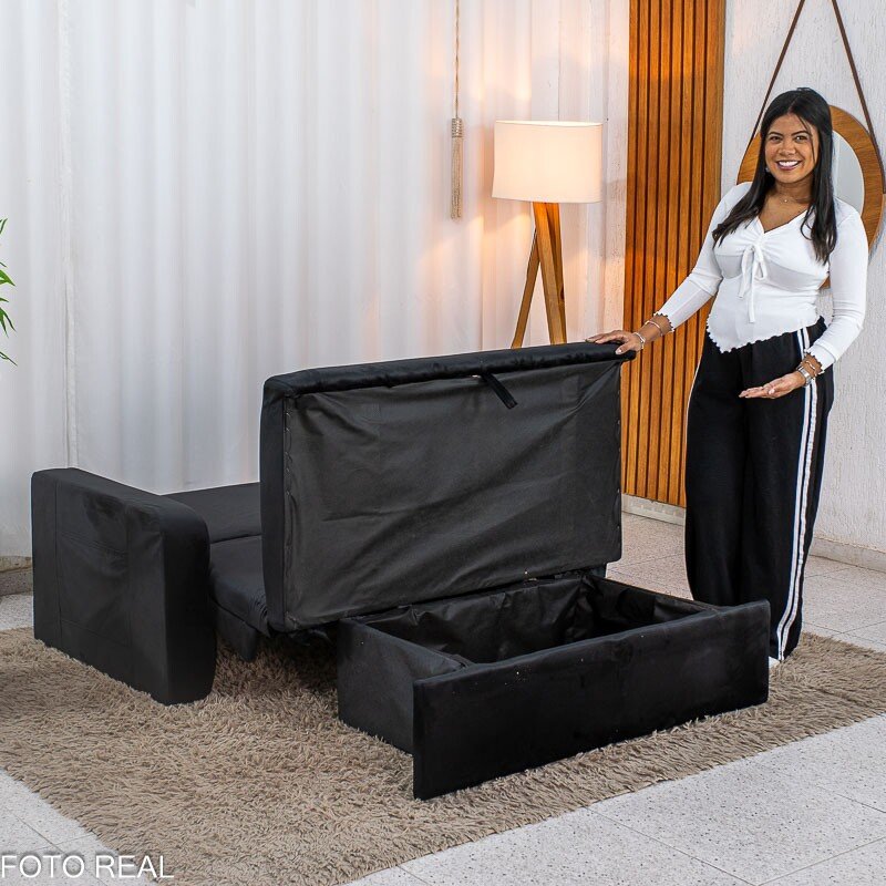 Sofá Cama Daiane Veludinho Preto 379/451 com Baú - 1,40m - Imagem 4